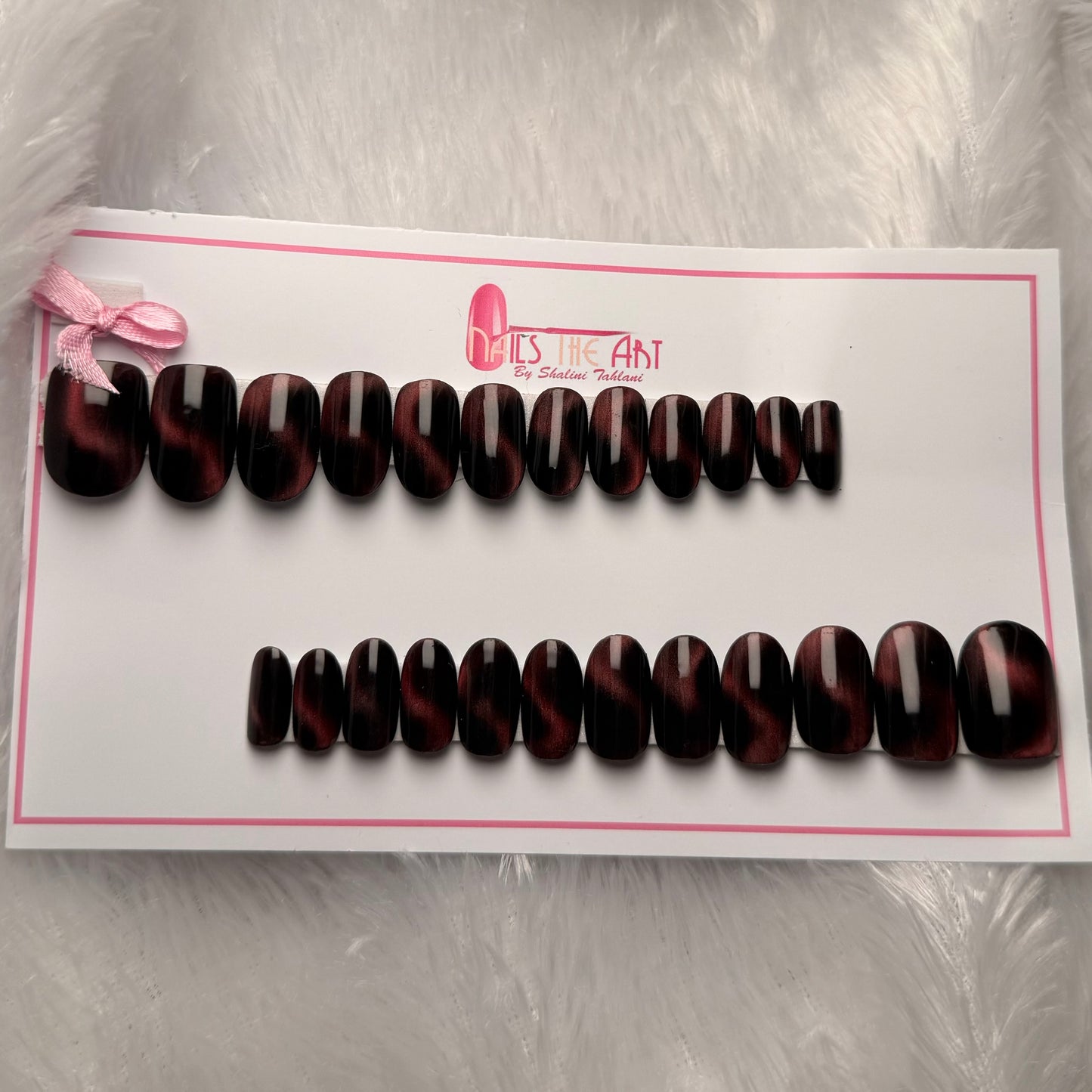 Magnetic Cat Eye Nails – Deep Burgundy Glossy Press-On Set (Universal)