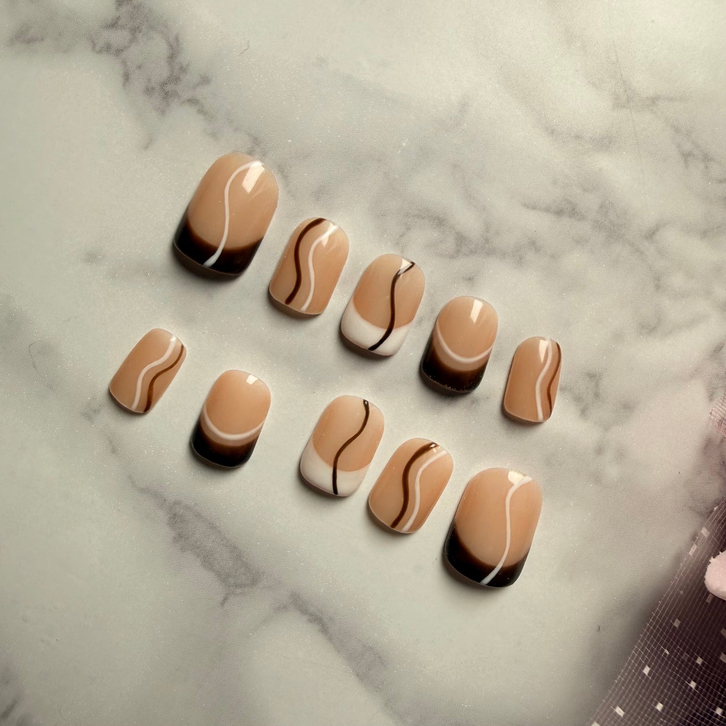 Coffee Swirl French Press-On Nails – Glossy Nude & Chocolate Brown Reusable Nail Set (10 nails)