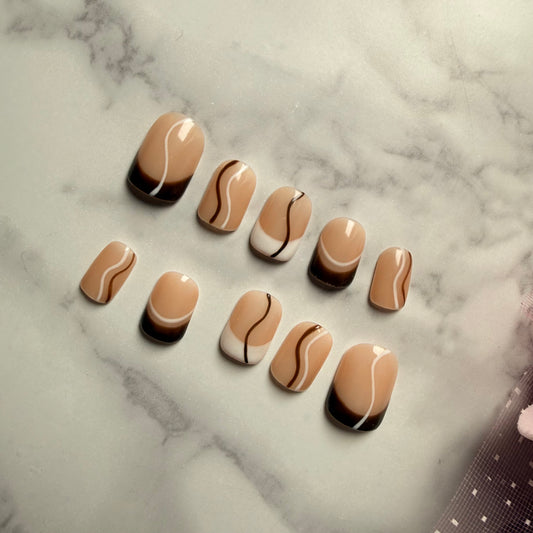 Coffee Swirl French Press-On Nails – Glossy Nude & Chocolate Brown Reusable Nail Set (10 nails)