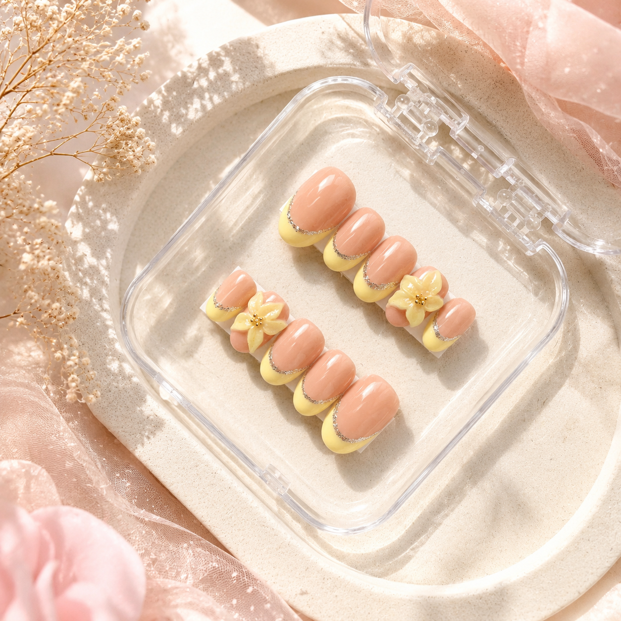 Butter Bloom French Press On Nails | Handmade | 3D Floral Nude Yellow Nails (10 nails)