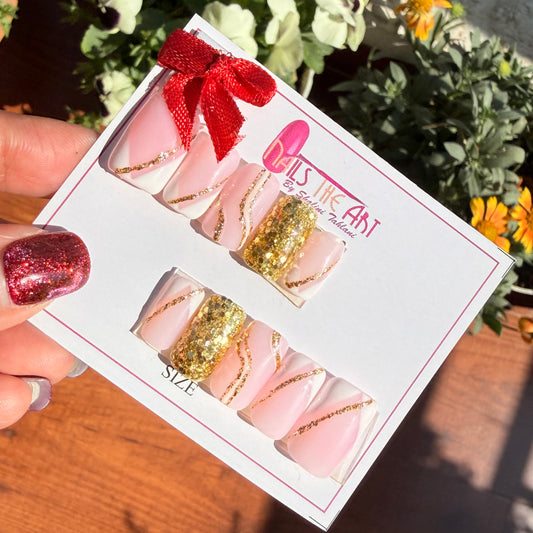 Pink & Gold Glitter Swirl Press-On Nails (Soft Square Shape)