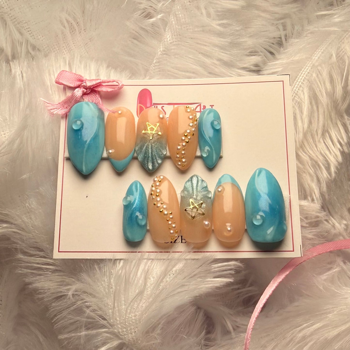 Ocean Pearl 3D Press-On Nails – Aqua Blue Shell Design with Gold Star Charm