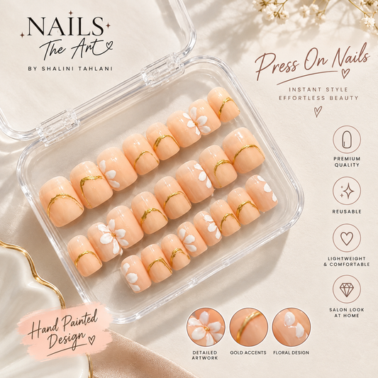 Peachy Bloom - Hand Painted Floral Press - On Nails (Universal)