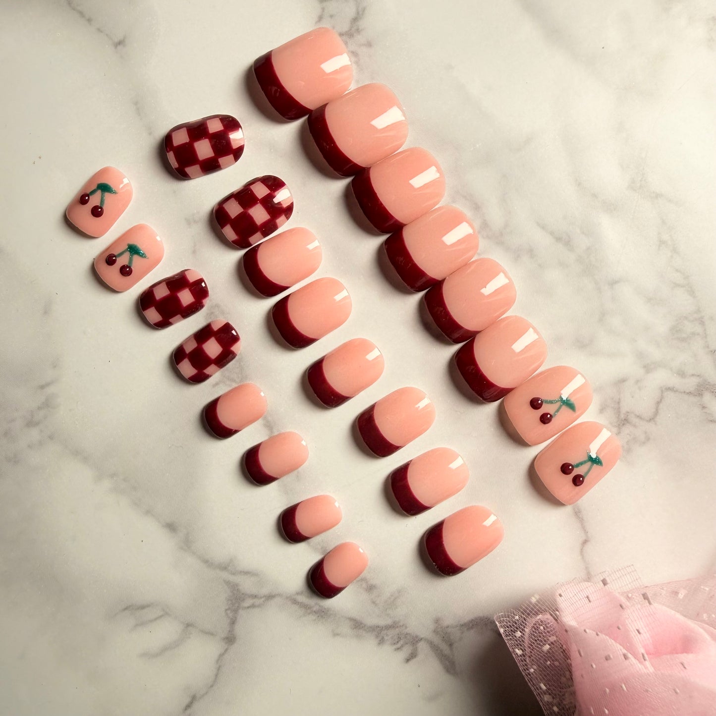 Cherry Bliss Burgundy French Press-On Nails | Handmade Reusable Nail Set (Universal)