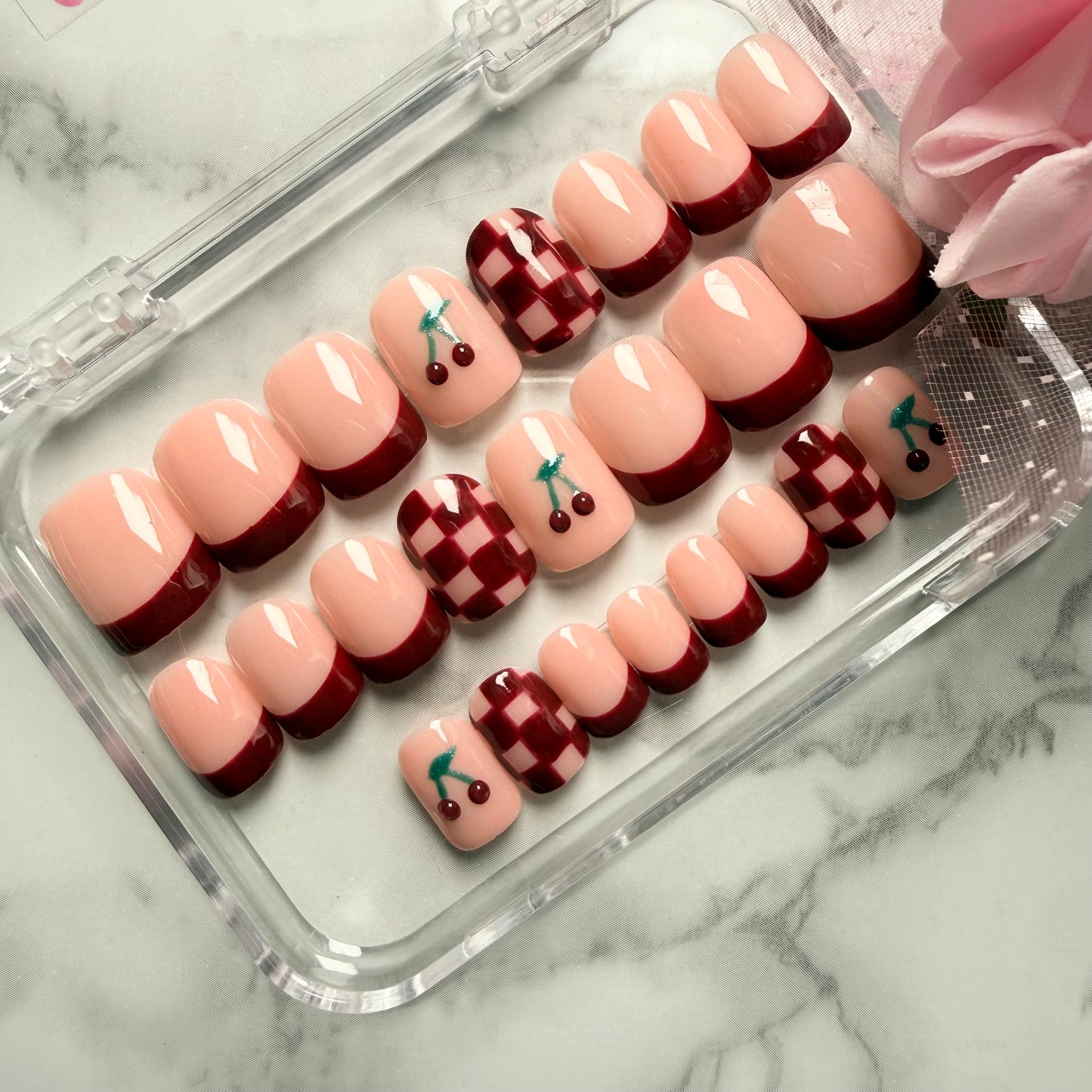 Cherry Bliss Burgundy French Press-On Nails | Handmade Reusable Nail Set (Universal)