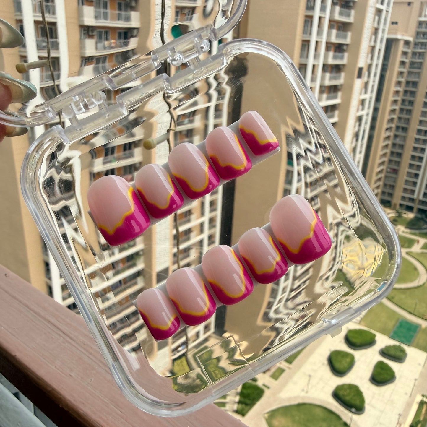 Pink Wave Glossy Press On Nails | Yellow Accent Abstract Nail Set (10 nails)