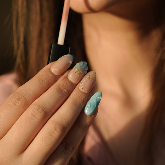 Ocean Pearl 3D Press-On Nails – Aqua Blue Shell Design with Gold Star Charm