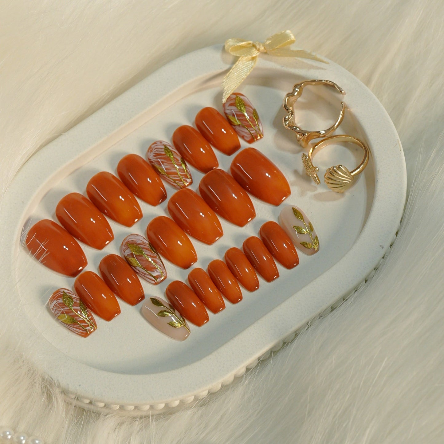 Golden Cocoa Chrome Press-On Nails | Brown & Gold Chrome Luxury Set (Universal )
