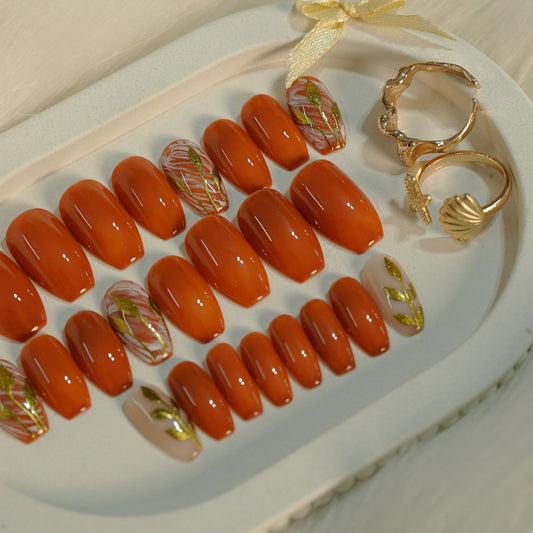 Golden Cocoa Chrome Press-On Nails | Brown & Gold Chrome Luxury Set (Universal )