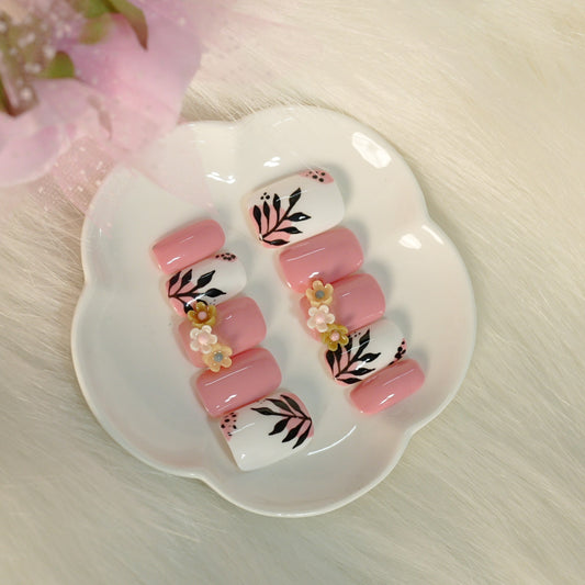Luxury Pastel Pink 3D Floral Press-On Nails | Handpainted Botanical Nail Set | Reusable Designer Nails (10 nails)