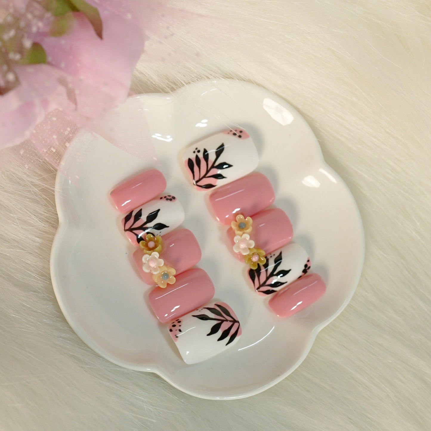 Luxury Pastel Pink 3D Floral Press-On Nails | Handpainted Botanical Nail Set | Reusable Designer Nails (10 nails)