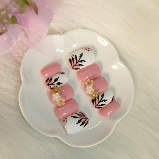 Luxury Pastel Pink 3D Floral Press-On Nails | Handpainted Botanical Nail Set | Reusable Designer Nails (10 nails)