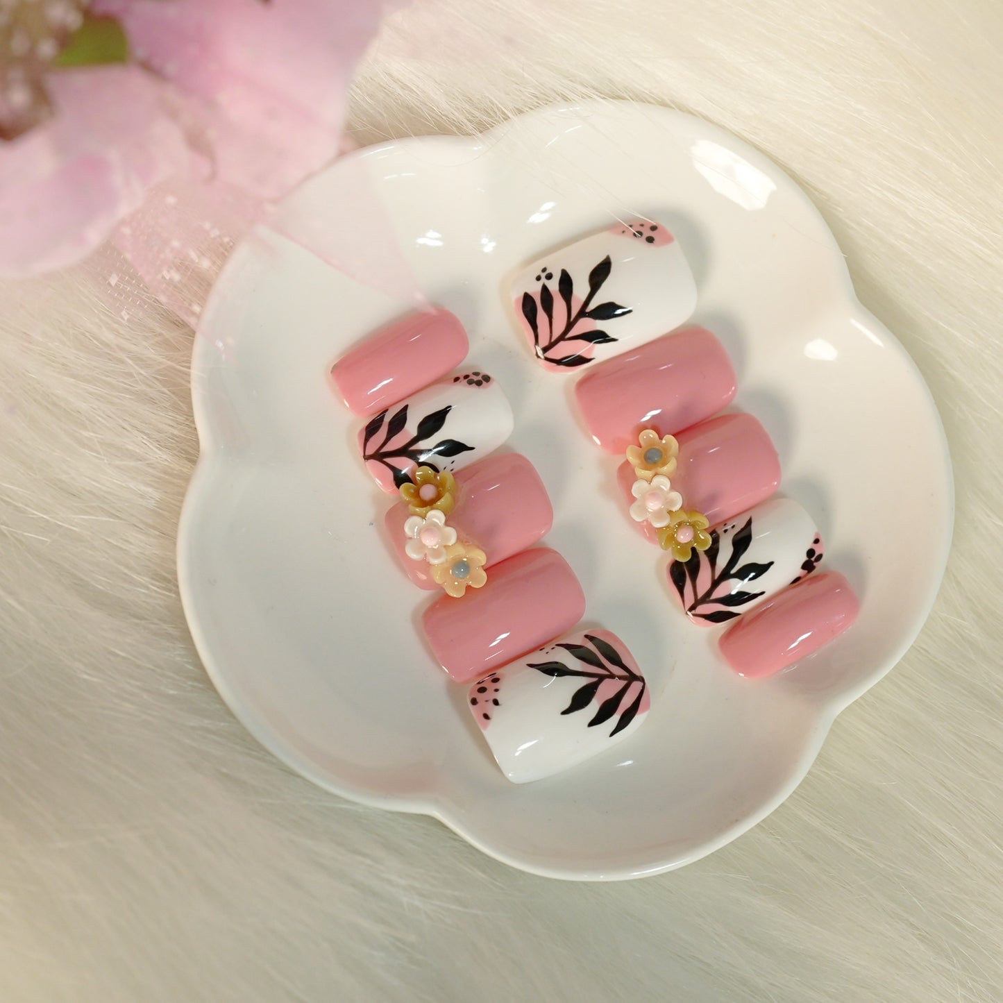 Luxury Pastel Pink 3D Floral Press-On Nails | Handpainted Botanical Nail Set | Reusable Designer Nails (10 nails)