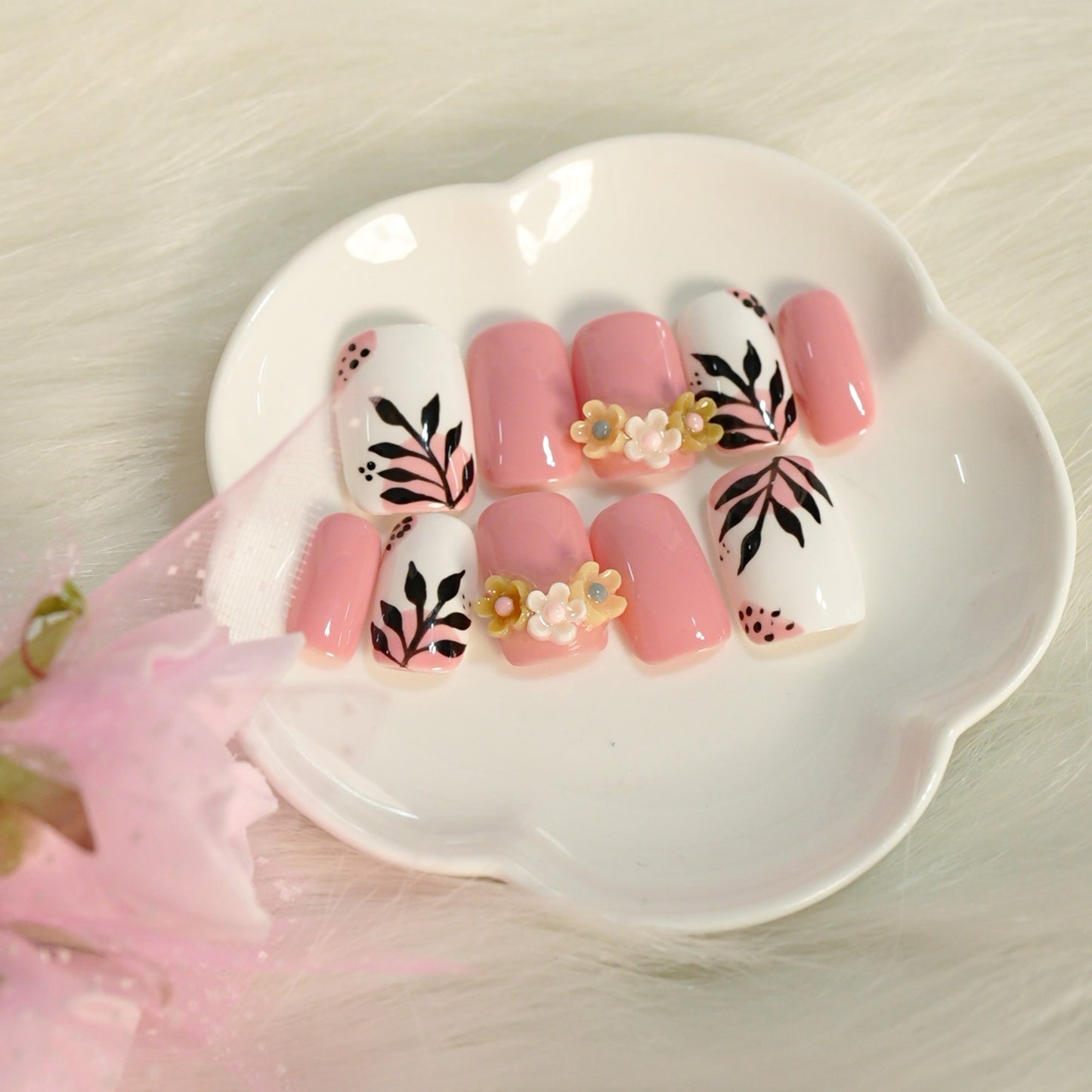 Luxury Pastel Pink 3D Floral Press-On Nails | Handpainted Botanical Nail Set | Reusable Designer Nails (10 nails)