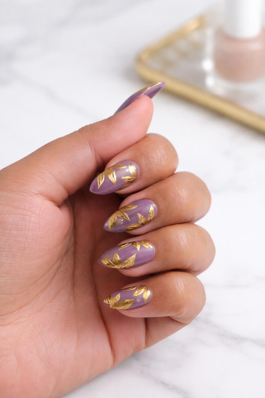Mauve Cat Eye Gold Leaf Press On Nails – Almond Shape