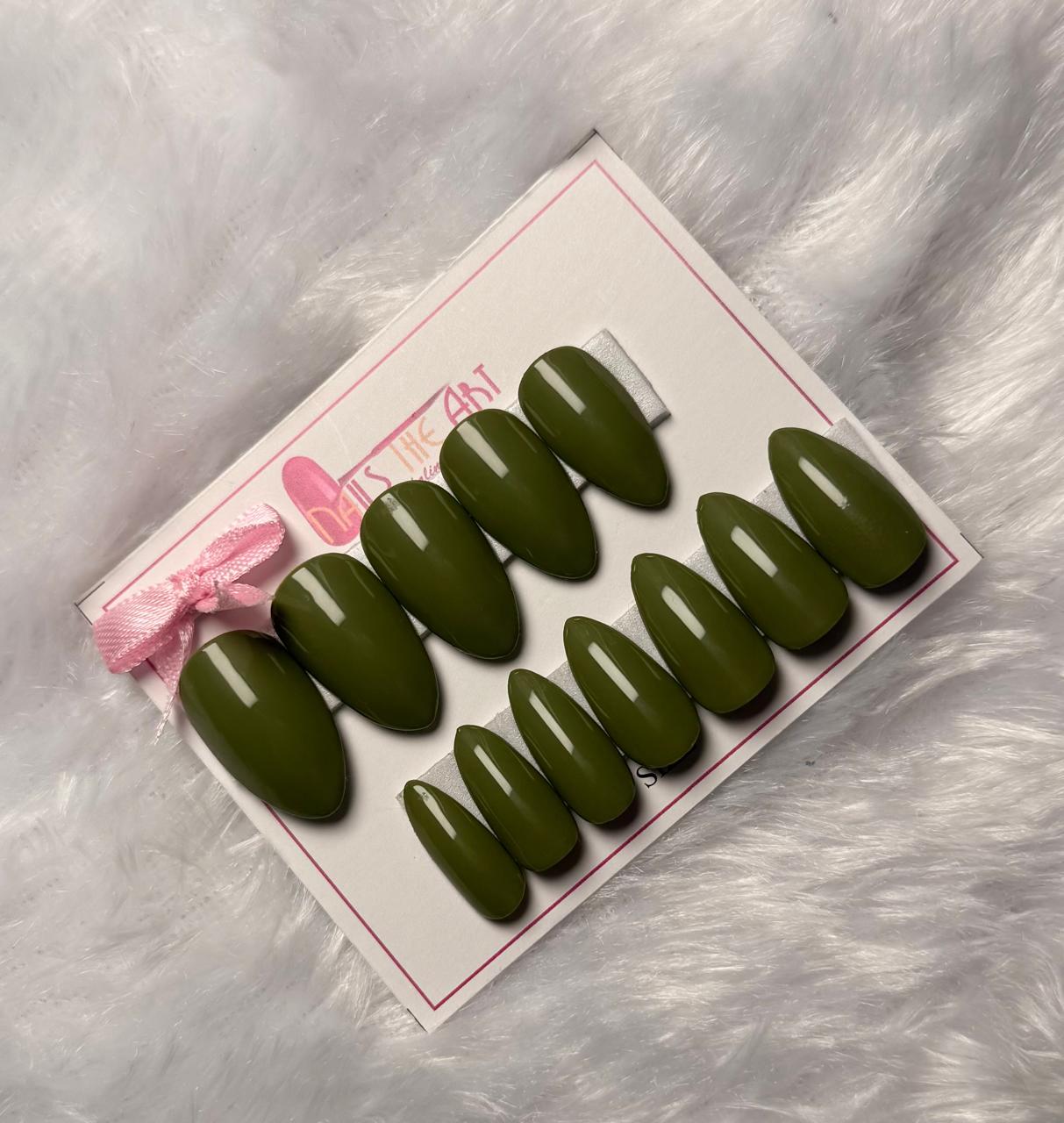 Olive Green Glossy Almond Press-On Nails – Reusable Handmade Nail Set (Universal)