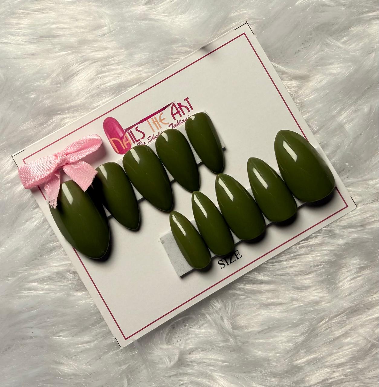Olive Green Glossy Almond Press-On Nails – Reusable Handmade Nail Set