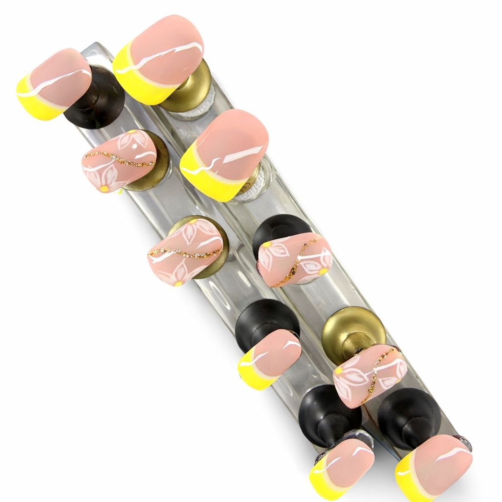Sunny Yellow French Tip with White Floral & Gold Swirl Nail Set
