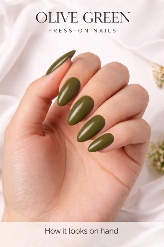 Olive Green Glossy Almond Press-On Nails – Reusable Handmade Nail Set (Universal)