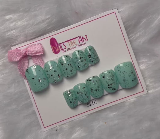 Pastel Green Glitter Press-On Nails – Soft Square Glossy Nails with Silver Speckled Design
