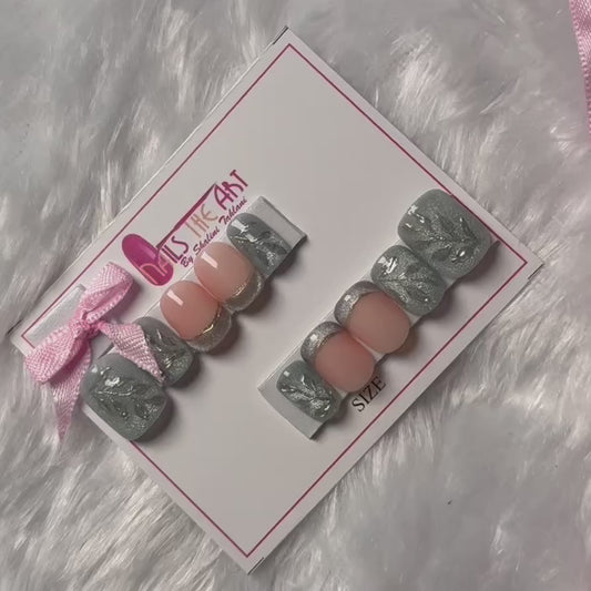Squoval Nude Silver Cat Eye Press-On Nails with silver Leaf Art – Handmade Luxury Set