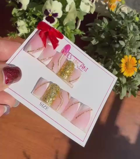 Pink & Gold Glitter Swirl Press-On Nails (Soft Square Shape)