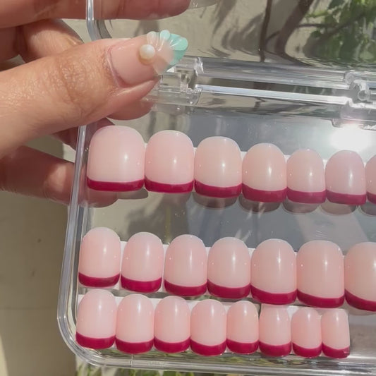 Glossy Cherry French Press-On Nails | Nude Pink Red Tip Nails (24 nails)