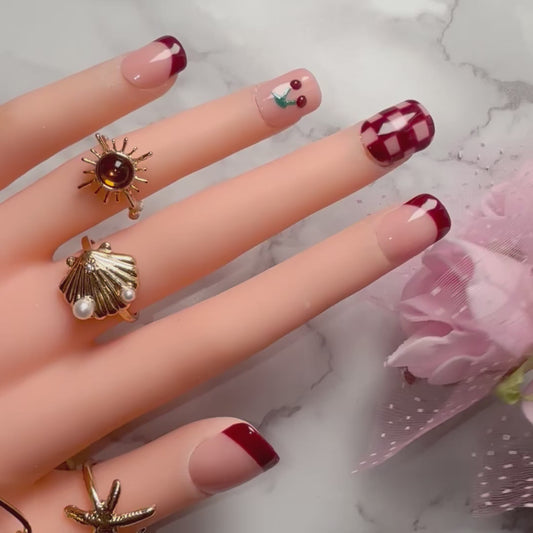 Cherry Bliss Burgundy French Press-On Nails | Handmade Reusable Nail Set (10 nails)