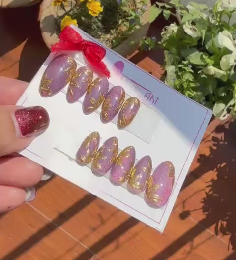 Mauve Cat Eye Gold Leaf Press On Nails – Almond Shape