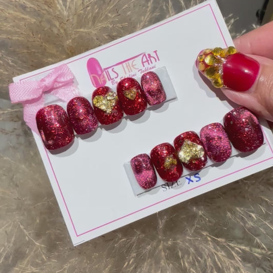 Luxury Red Glitter Heart Press-On Nails – Reusable | Party Wear