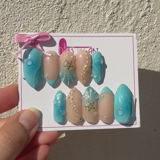 Ocean Pearl 3D Press-On Nails – Aqua Blue Shell Design with Gold Star Charm