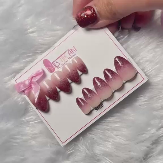 Burgundy Glitter Ombre Short Almond Press-On Nails – Reusable Nail Set