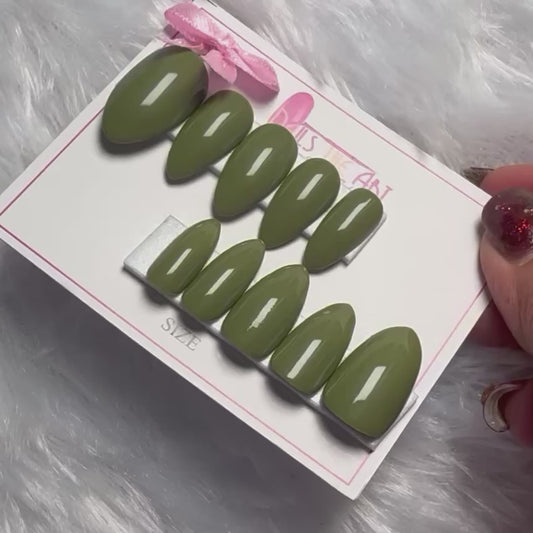 Olive Green Glossy Almond Press-On Nails – Reusable Handmade Nail Set