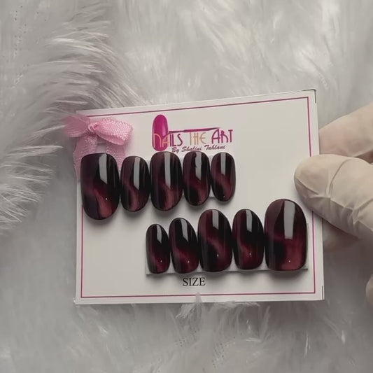 Magnetic Cat Eye Nails – Deep Burgundy Glossy Press-On Set
