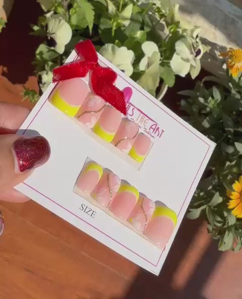 Sunny Yellow French Tip with White Floral & Gold Swirl Nail Set
