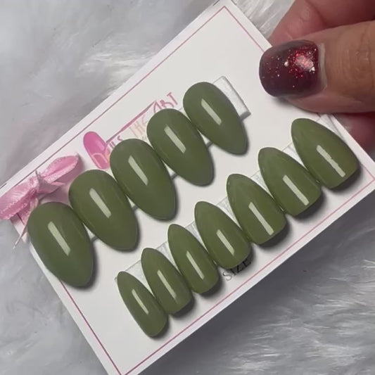 Olive Green Glossy Almond Press-On Nails – Reusable Handmade Nail Set (Universal)